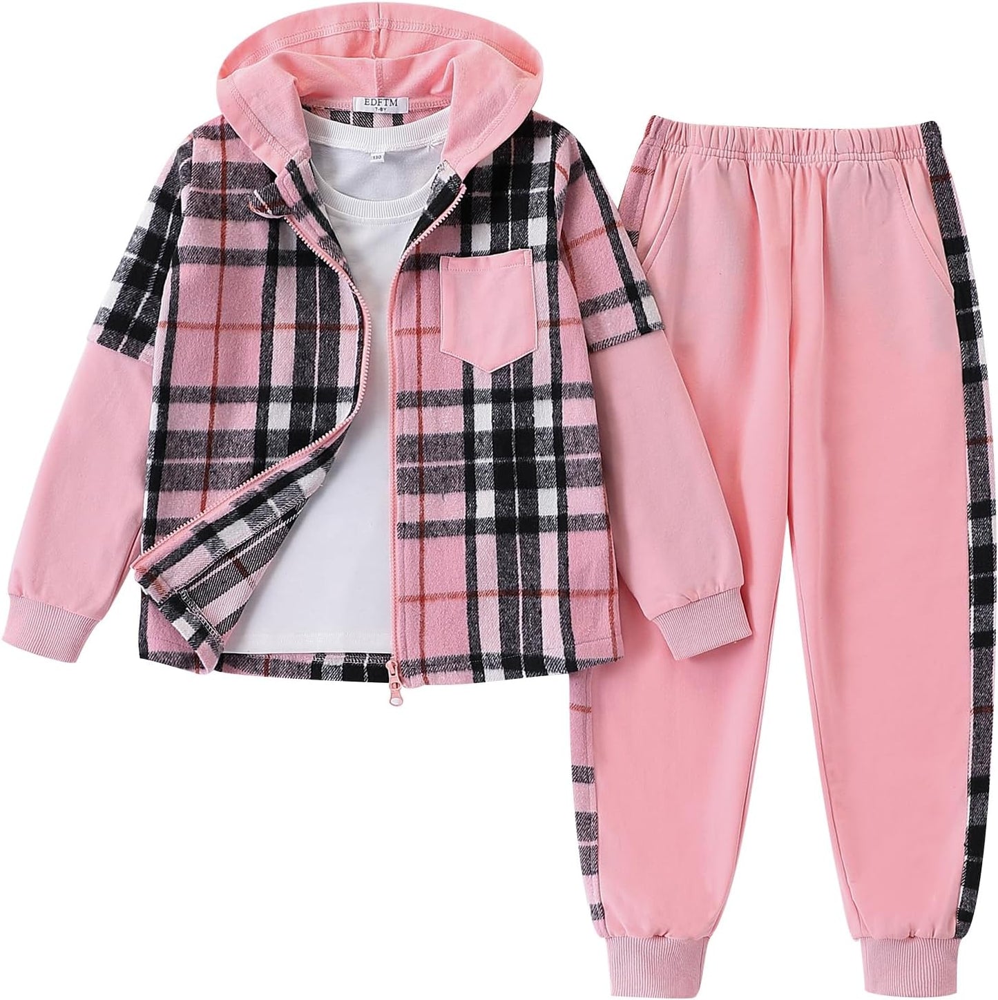 2Pcs Girls Clothes Zip Up Plaid Flannel Hoodie and Joggers