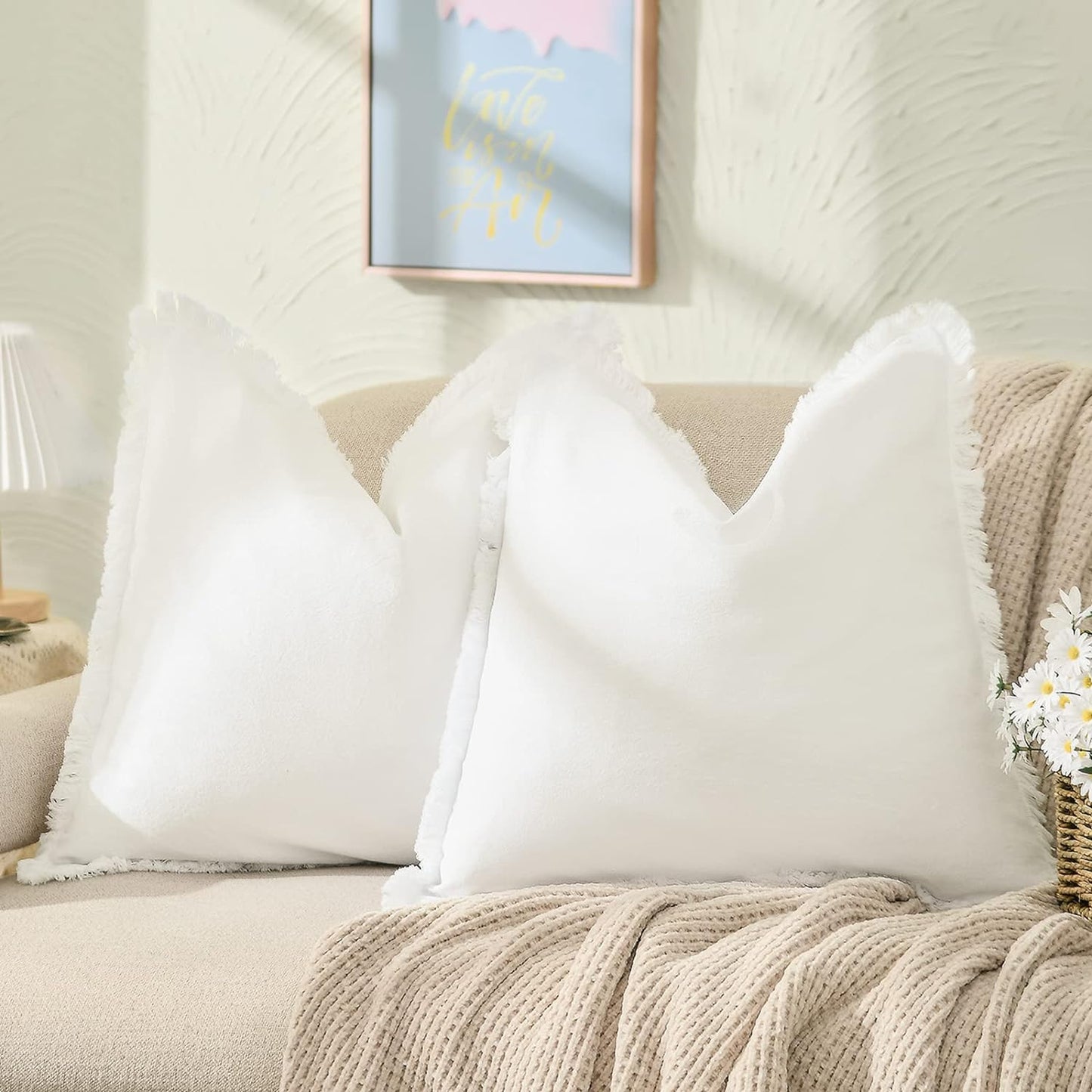 ZWJD 26x26 Cream Throw Pillow Covers with Fringe for Decor