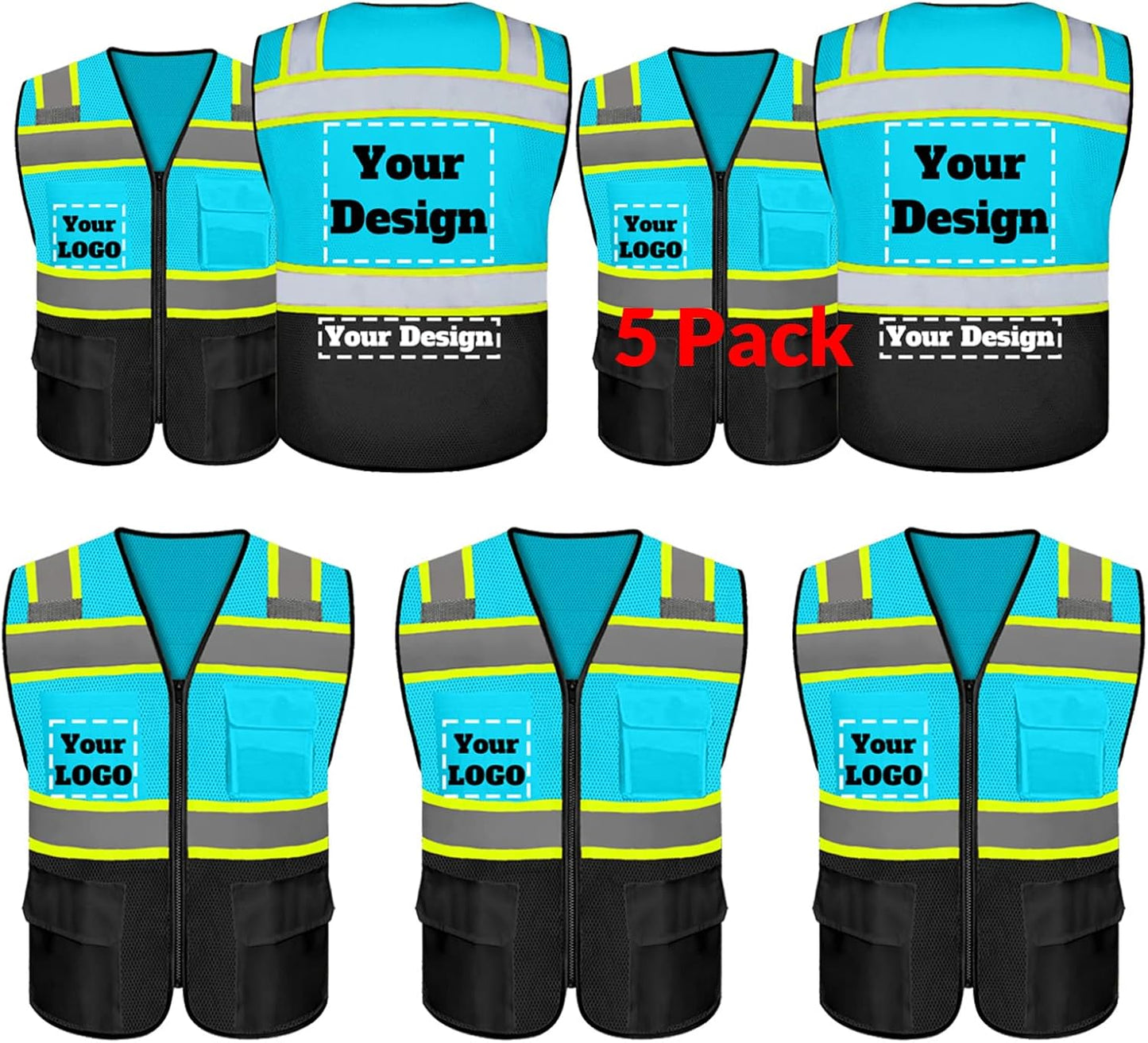 Custom Safety Vest with 5 Pockets & Zipper for High Visibility