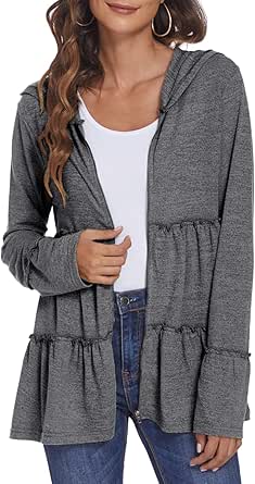 Full Zip Up Hoodie for Women with Pleated Tiered Ruffles