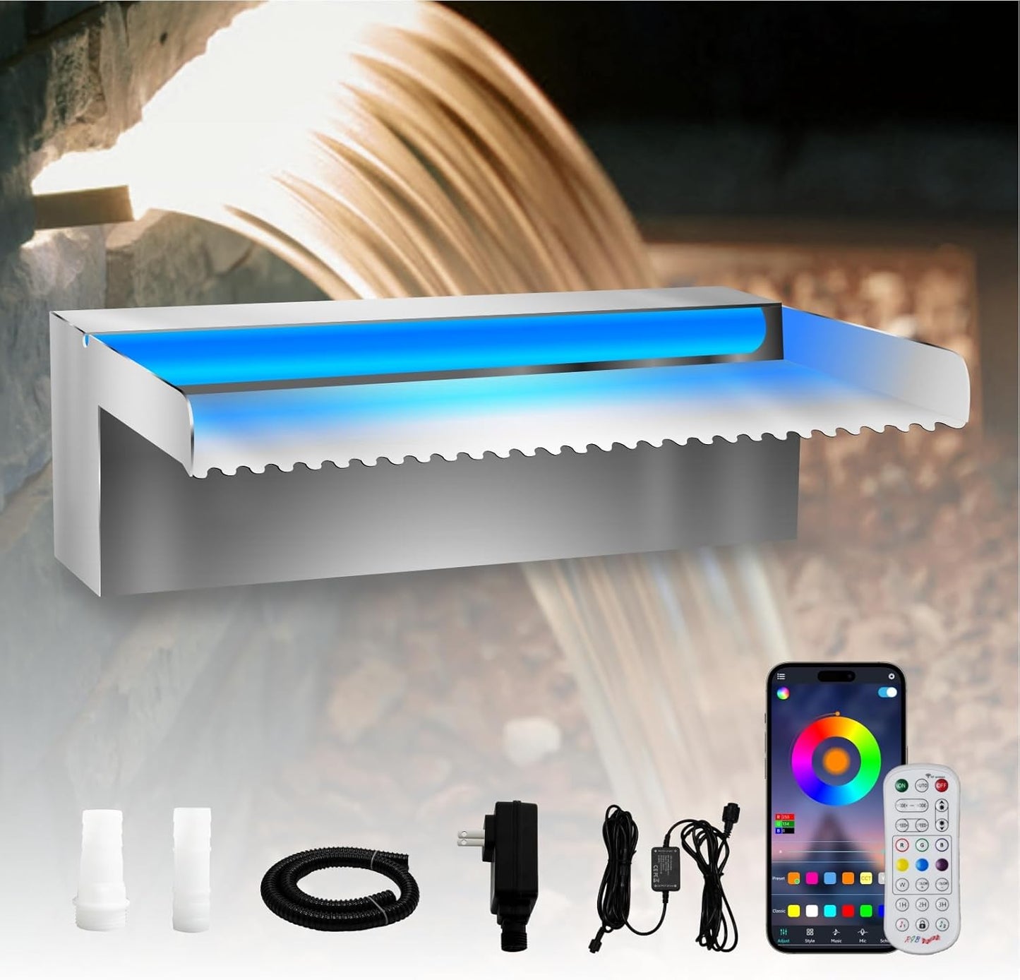 Stainless Steel Pool Waterfall Spillway with LED Lights for Garden