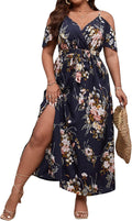 Plus Size Cold Shoulder Split Thigh Maxi Dress for Women - Floerns