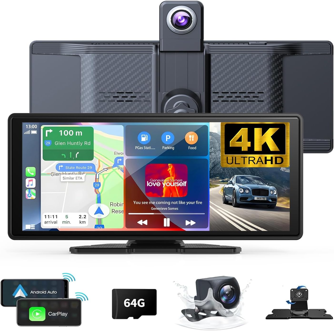 Wireless Carplay Screen 10.26in 4K Dash Cam with Voice Control
