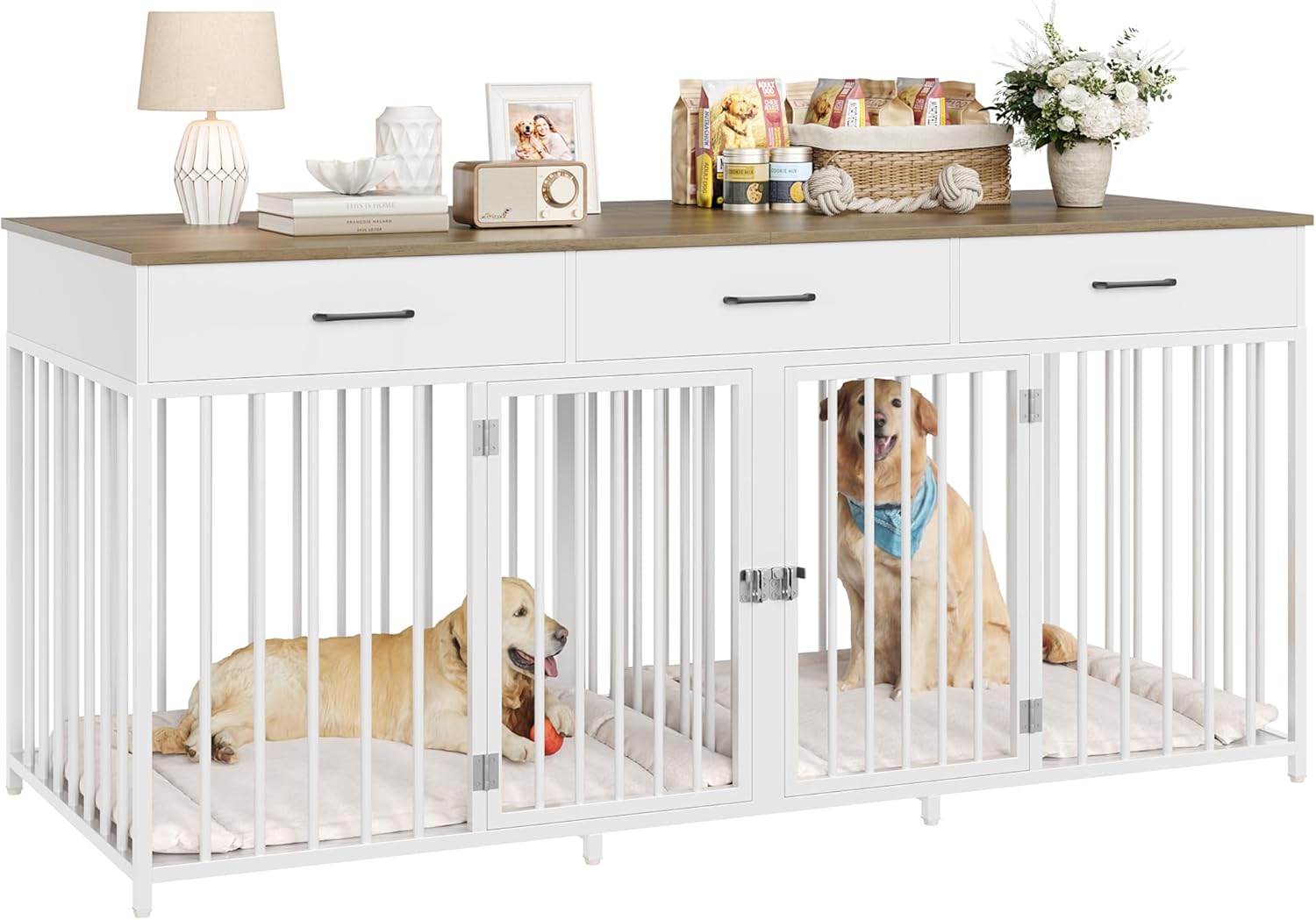 Double Dog Crates Furniture for Large Medium Dogs with Drawers