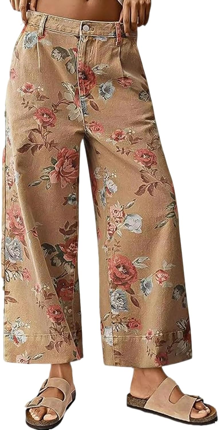 Floral Wide Leg Cropped Jeans for Women - Trendy Boho Style