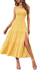 One Shoulder Smocked Midi Dress - Flowy Summer Tiered Split