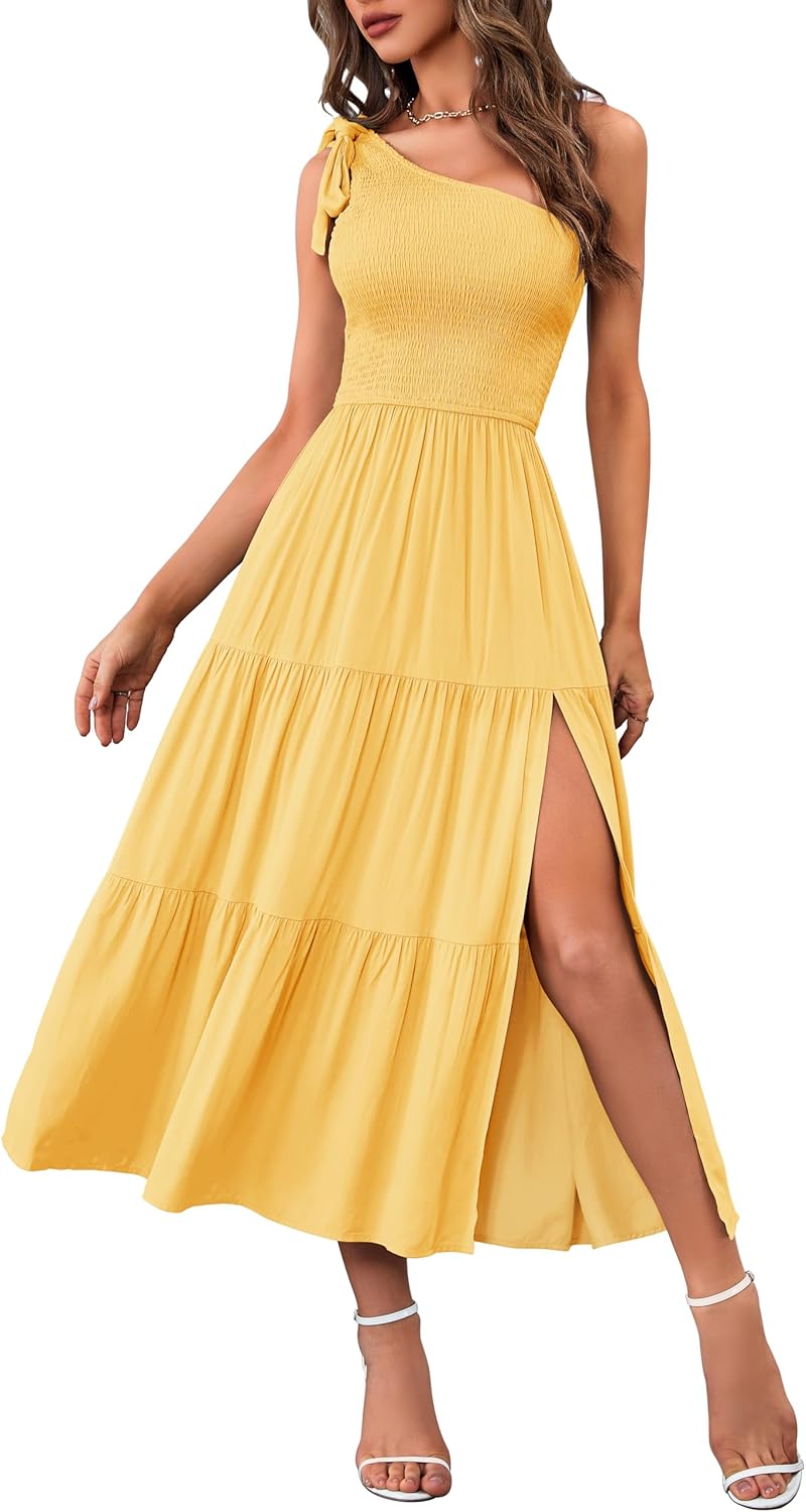 MEROKEETY Women's One Shoulder Sleeveless Knot Midi Dress