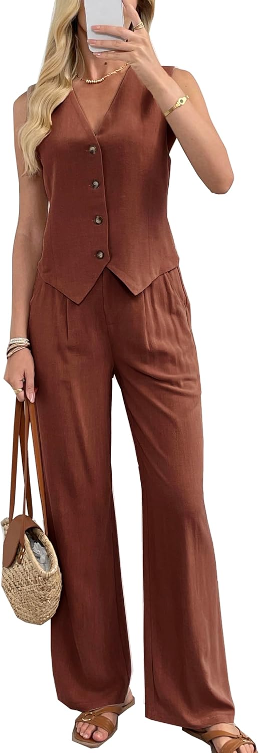 Stylish Women's 2 Piece Outfits Linen Vest and Wide Leg Pants