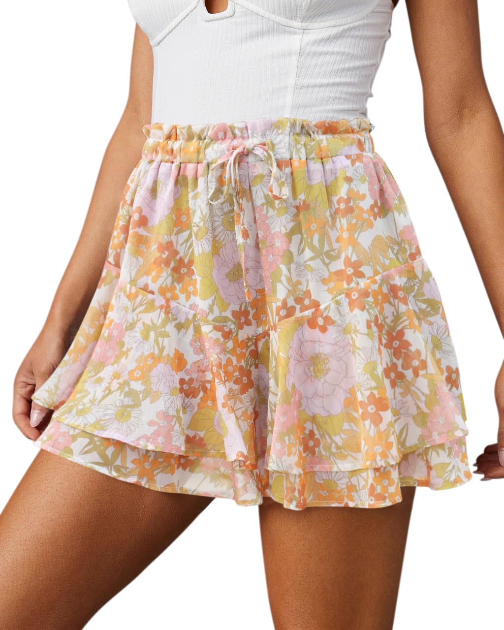 Flowy Shorts for Women Casual Boho Floral Skorts Ruffle Mini
