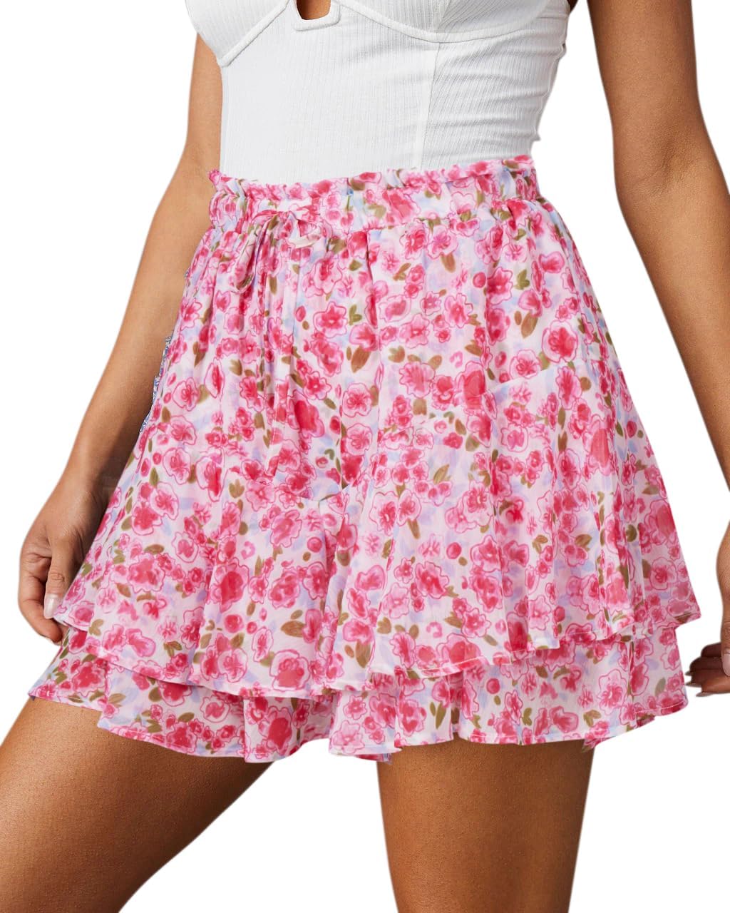 Flowy Shorts for Women Casual Boho Floral Skorts Ruffle Mini