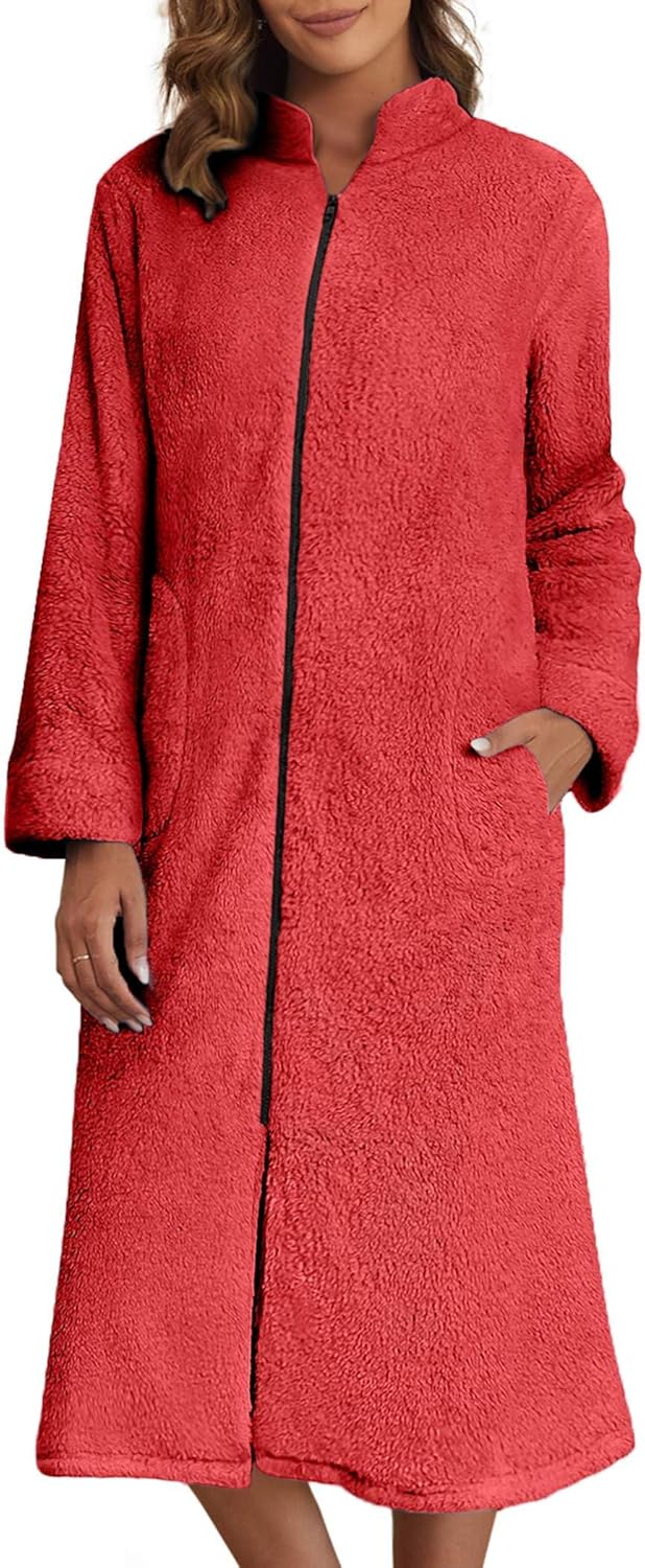 Ekouaer Women's Zip Up Robe Fleece Bathrobe for Comfort