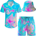 Summer Men's Hawaiian Shirt and Shorts Combo with Bucket Hat