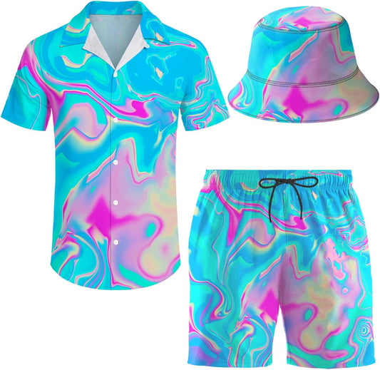 Men's Hawaiian Shirt and Shorts Set with Bucket Hat for Summer