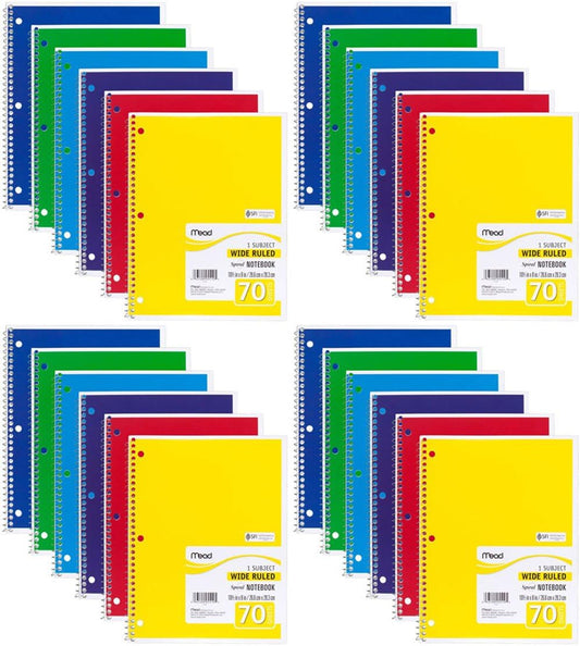 24-Pack Mead Spiral Notebooks, Wide Ruled - 70 Sheets