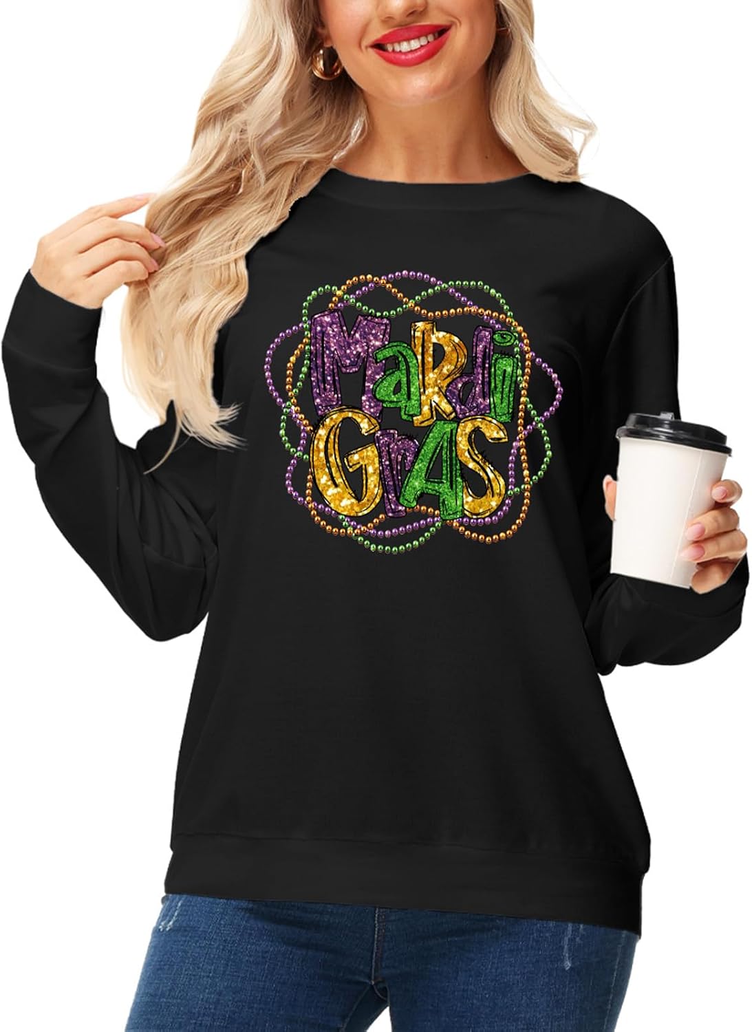 AOBUTE Women Mardi Gras Long Sleeve Sweatshirt - Festive & Cozy