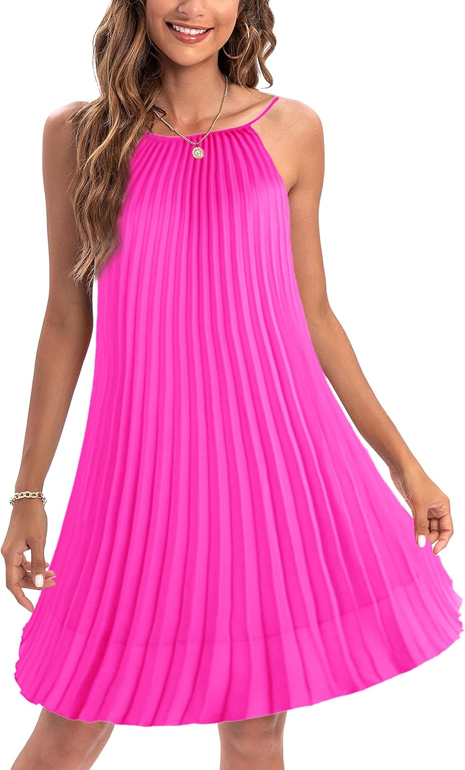 Ellames Women's Summer Spaghetti Strap Pleated Swing Dress