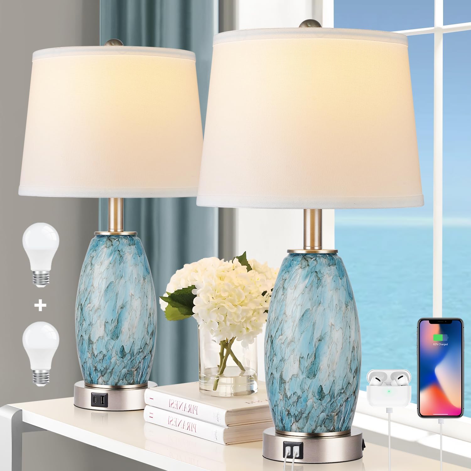 Coastal Modern Table Lamps Set of 2 with 3-Way Lighting Modes