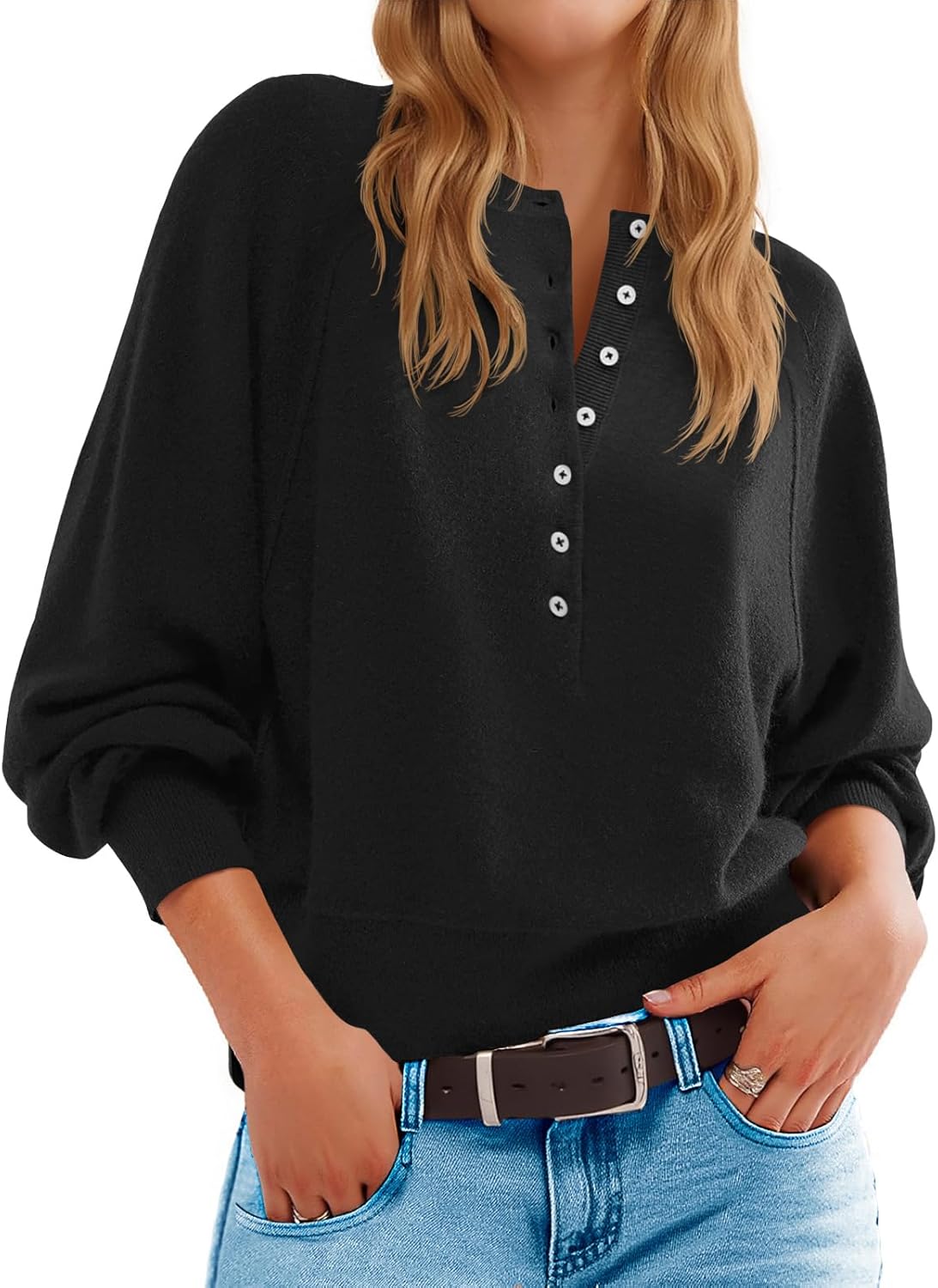 Saodimallsu Womens Button Crew Neck Sweater for Trendy Style