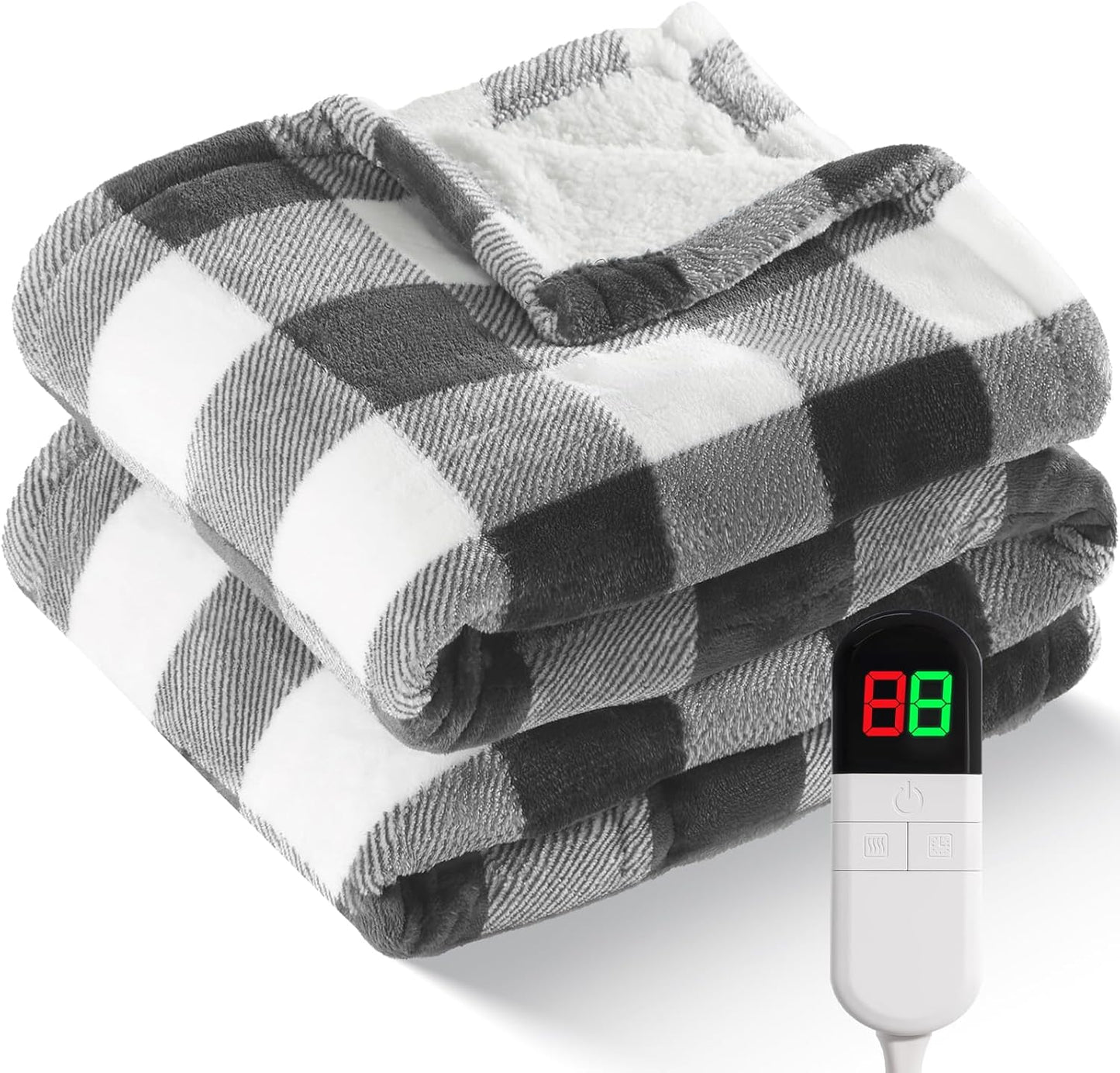 Electric Heated Sherpa Buffalo Plaid Blanket with 8 Heating Levels