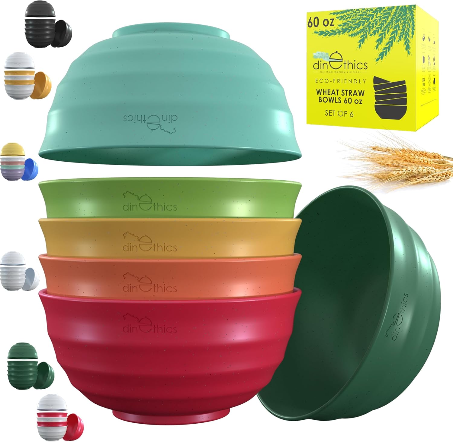 Large Wheat Straw Bowls - 6 Dishwasher Safe, Microwavable - Versatile Kitchen Bowls - DINETHICS
