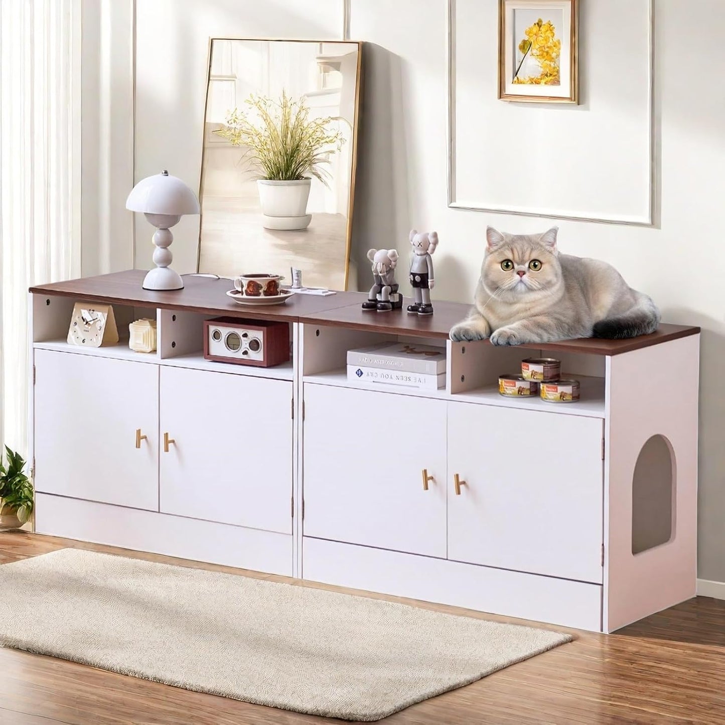 Double Cat Litter Box Enclosure for 2 Cats, 63 in Wooden Design
