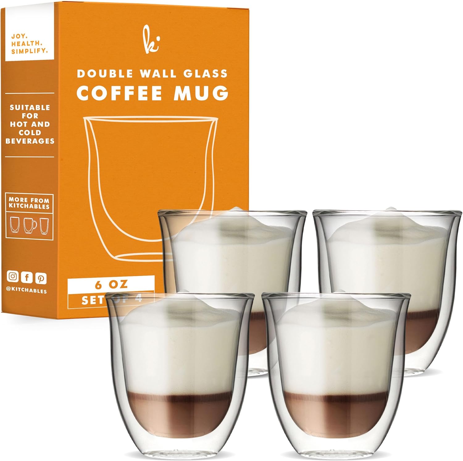 Kitchables Set of 4 Double Walled Glass Coffee Mugs - Insulated 6oz Cups for Cappuccino & Espresso