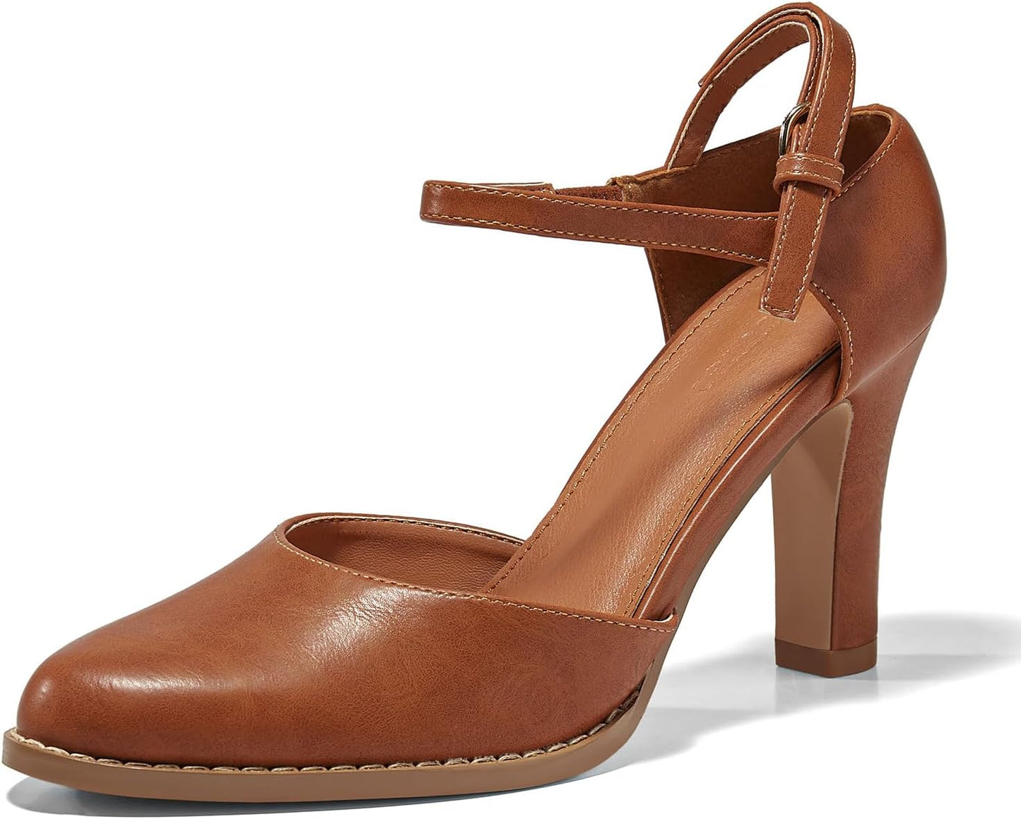 Coutgo Womens Chunky High Heels Closed Pointed Toe Ankle Strap Pumps