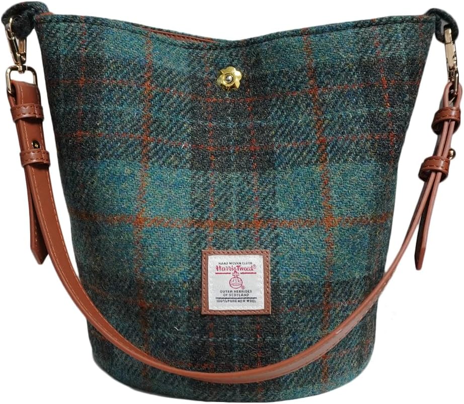 Harris Tweed Bucket Bag for Women with Leather Strap 9.4 x 7 in