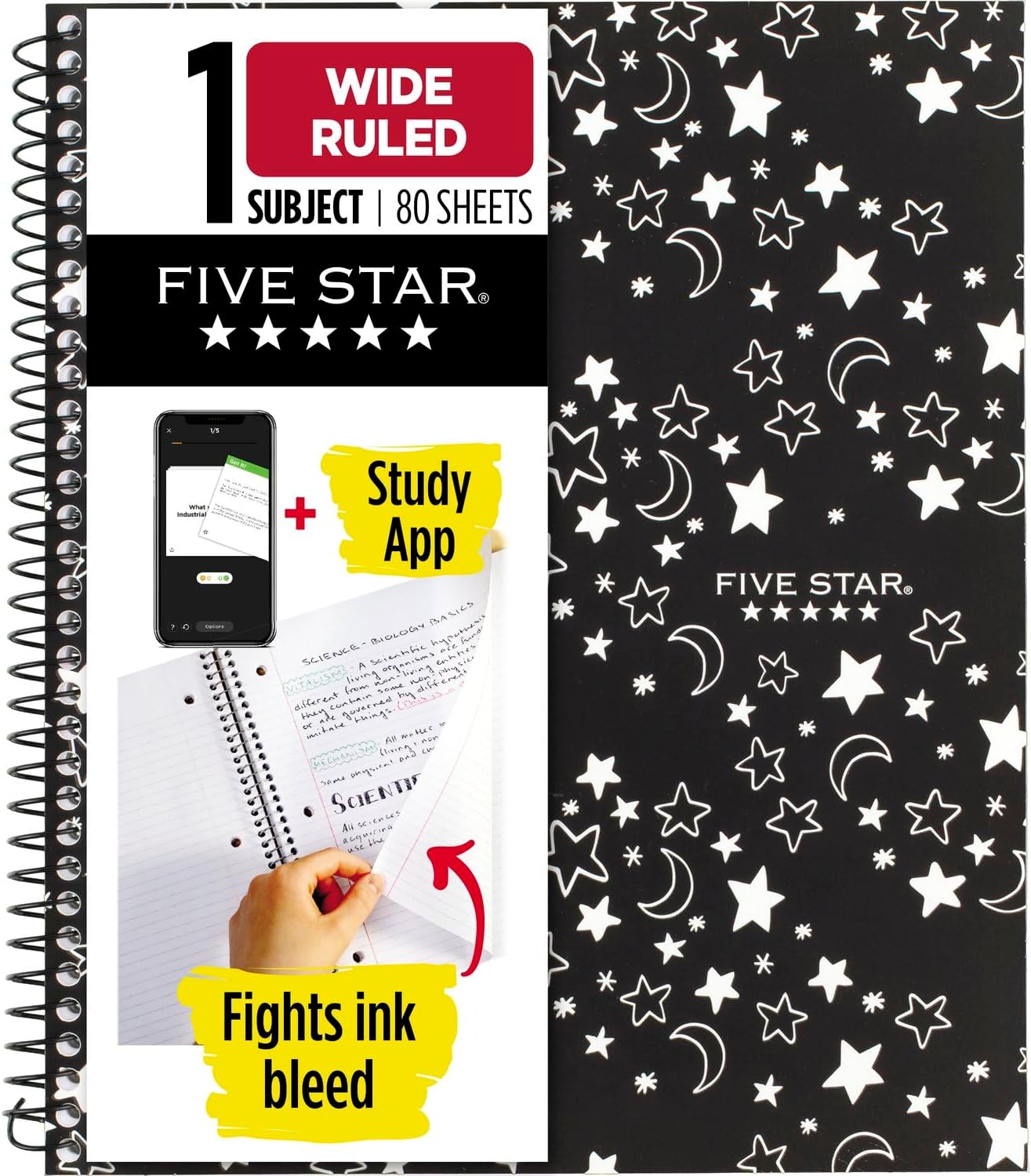Five Star Spiral Notebook + Study App: Wide Ruled, 80 Sheets, Glow