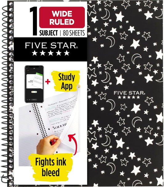 Five Star Spiral Notebook + Study App: Wide Ruled, 80 Sheets, Glow