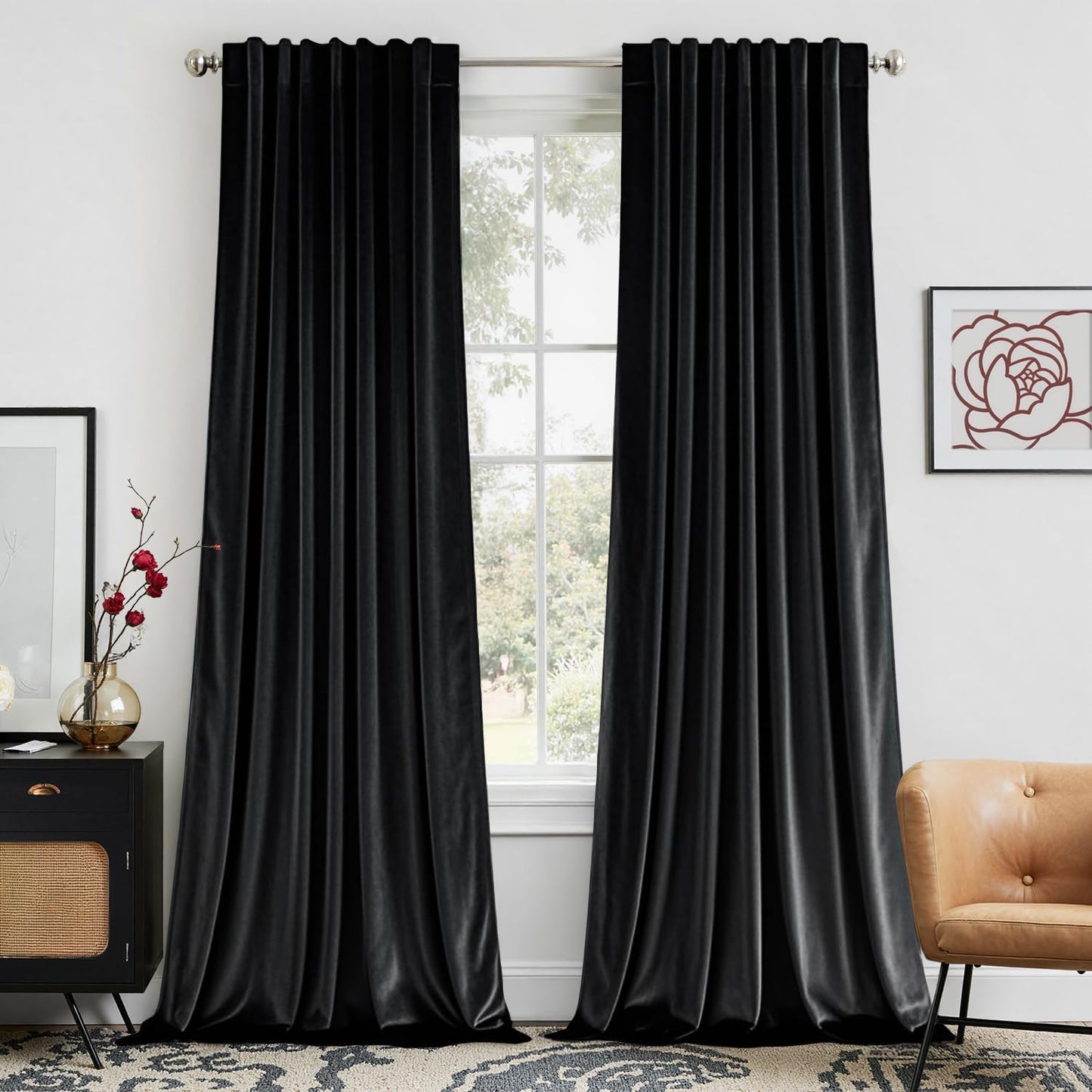 EMEMA Black Velvet Curtains 84 Inch Length for Room Darkening