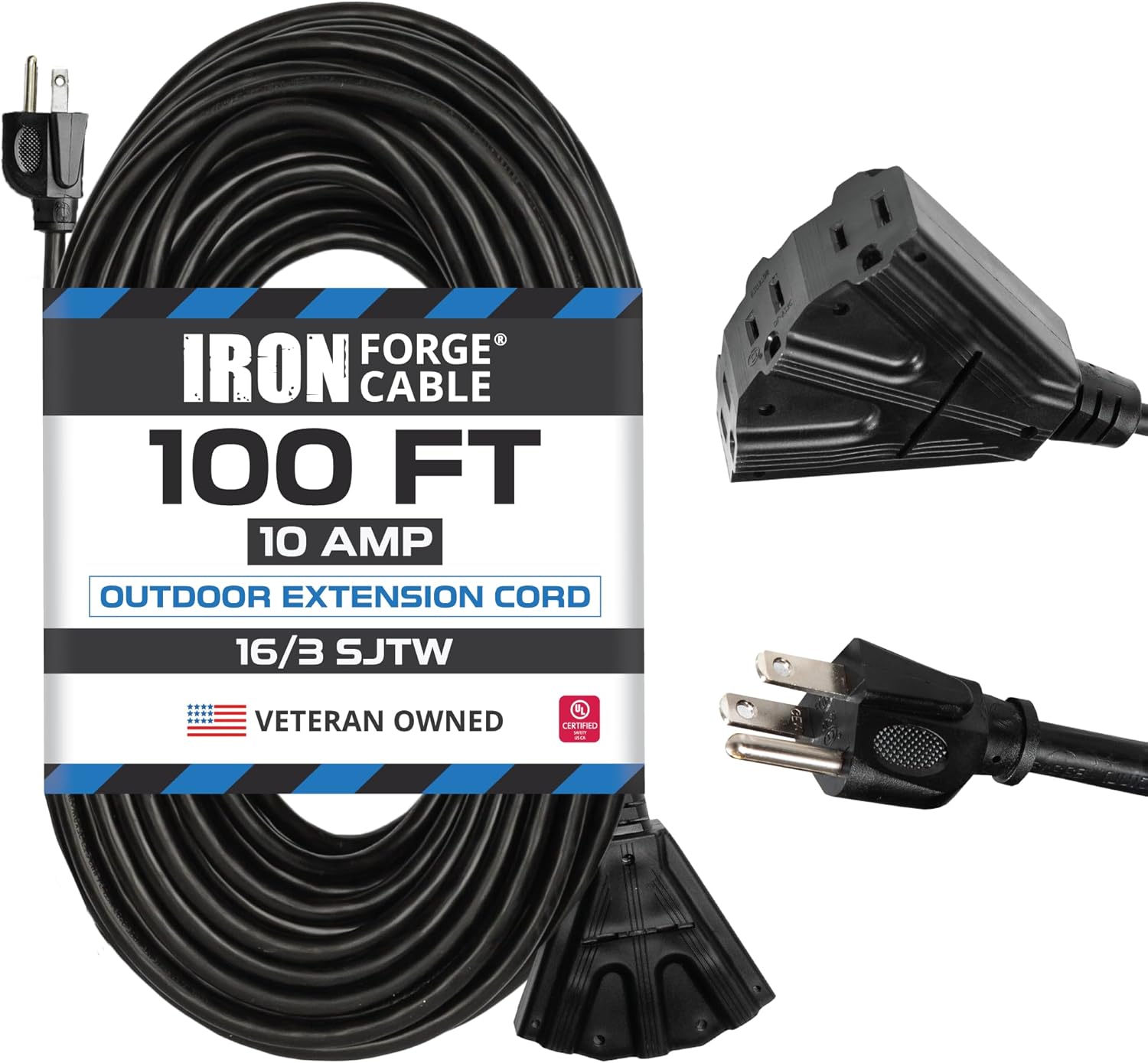 100 Ft Black Extension Cord with 3 Outlets for Outdoor Use