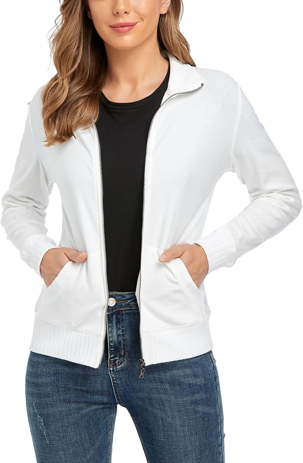 Women's Stand Collar Zip Up Long Sleeve Jacket with Pockets