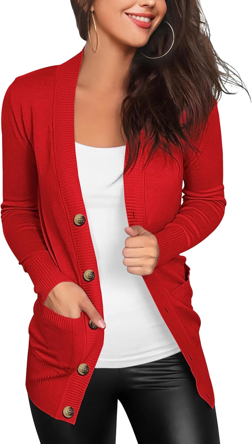 VERABENDI Women Long Sleeve V Neck Button Down Cardigan