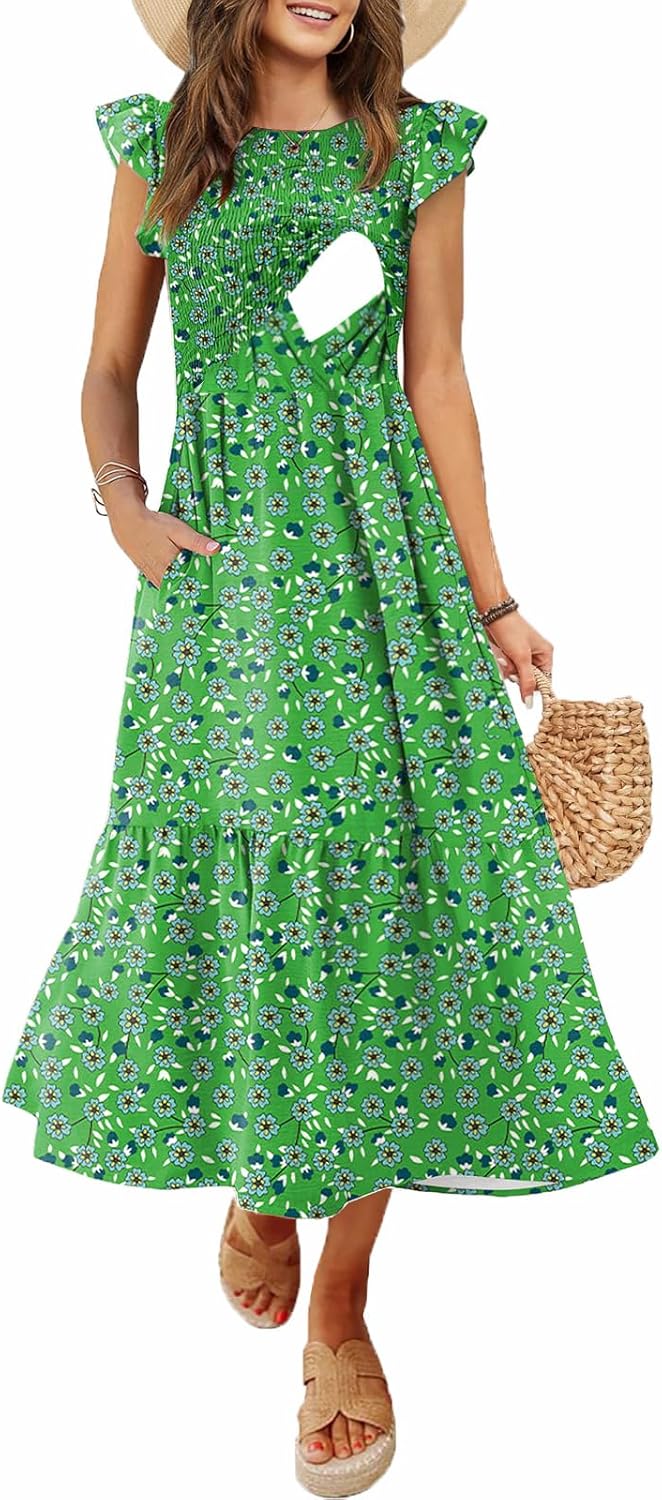 Women's Nursing Dress with Flutter Sleeves and Pockets