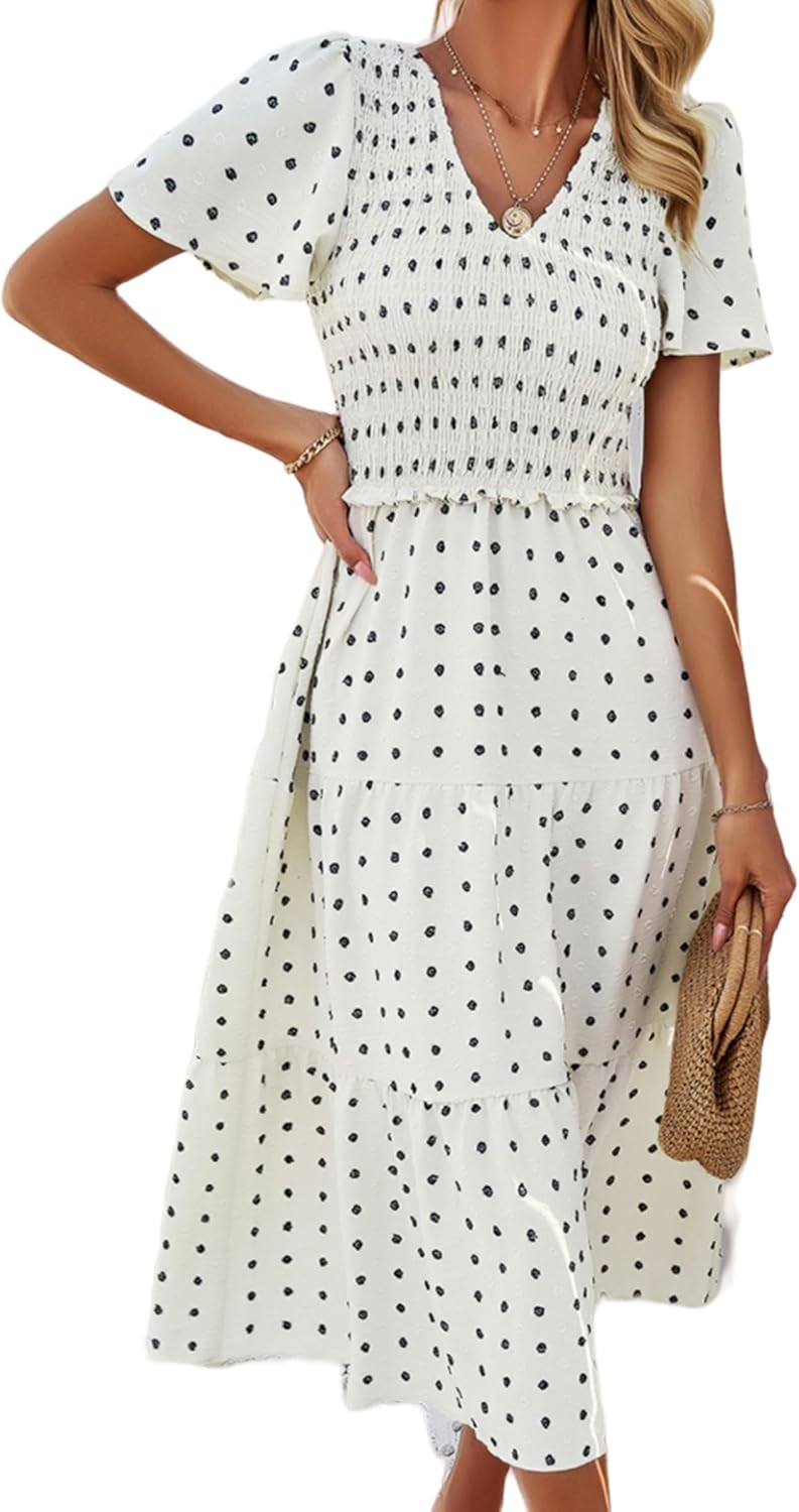 Women Summer 2024 Smocked Midi Dress with Ruffle Sleeves