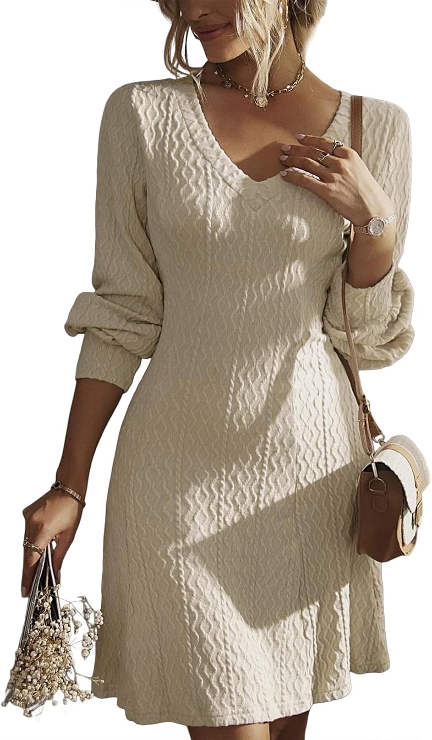 Trendy V Neck Knit A Line Long Sleeve Dress for Women 2025