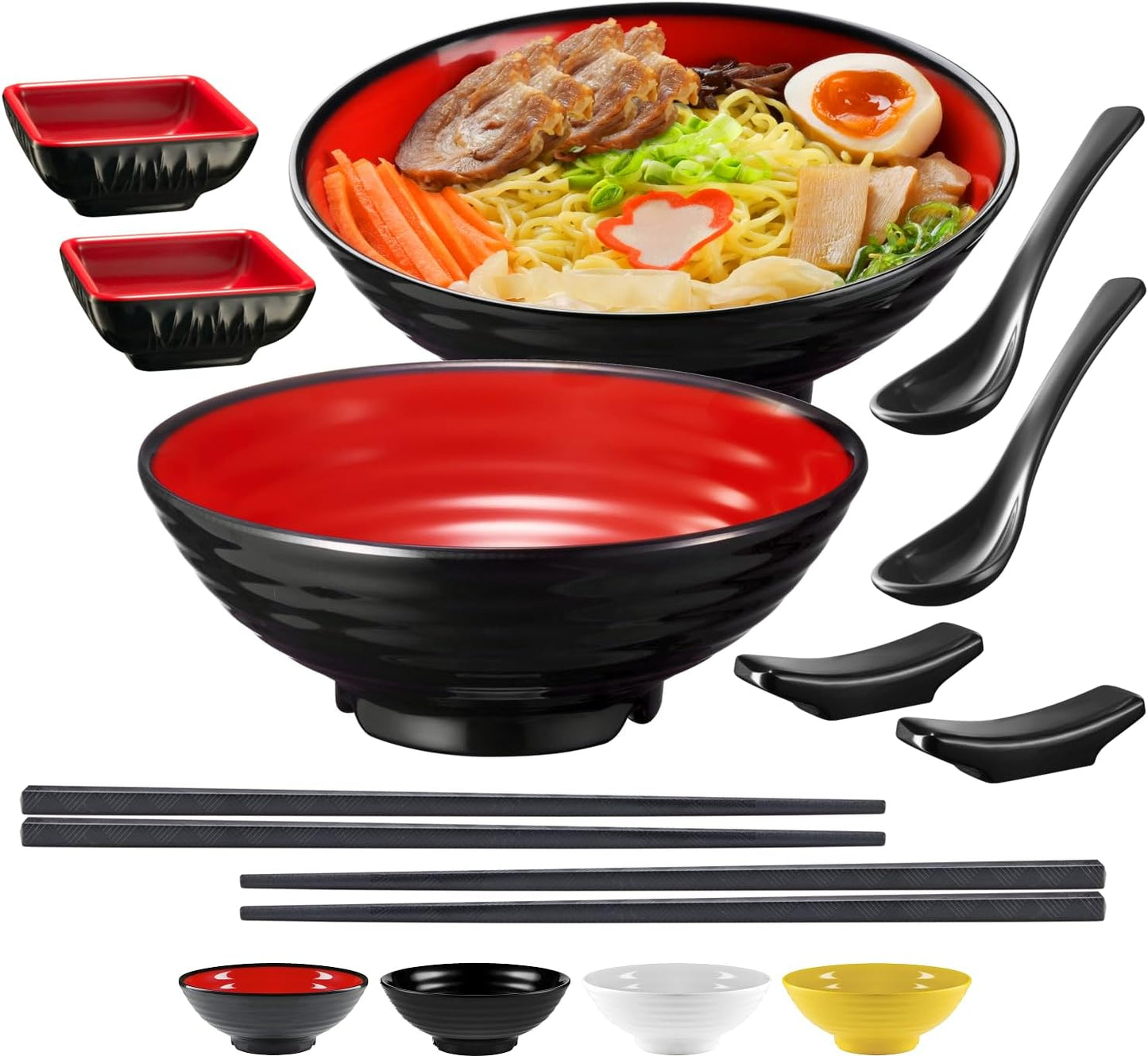 Durable Ramen Bowl Set: 2 Large Melamine Bowls & Accessories
