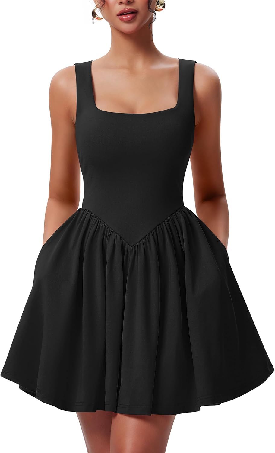 YMDUCH Women's Summer Sleeveless Square Neck Mini Tank Dress