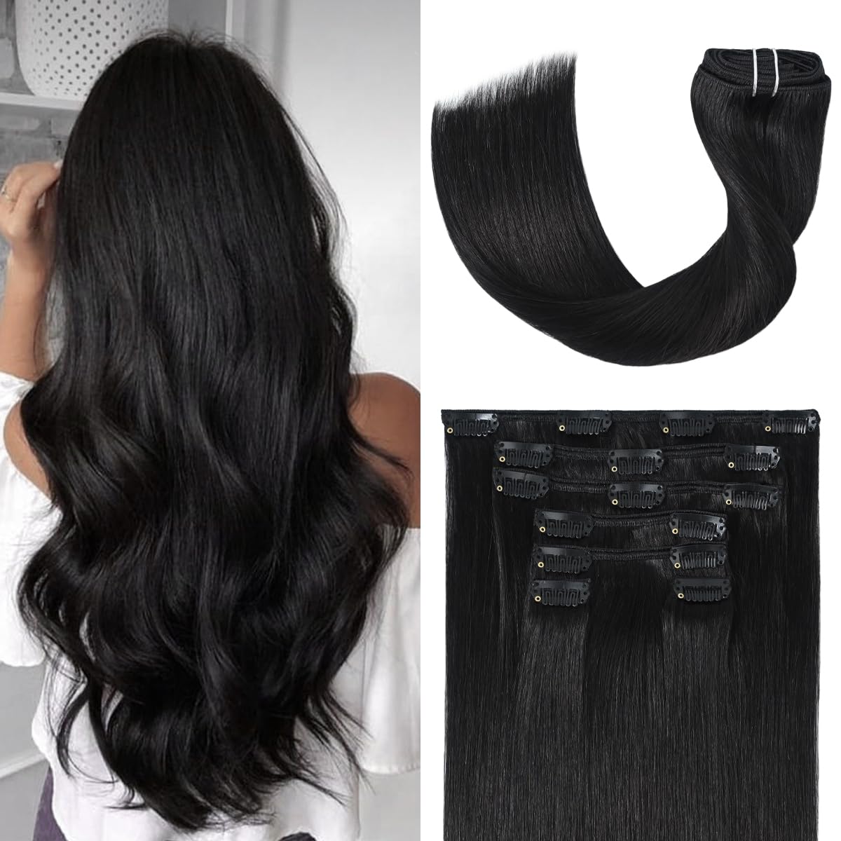 Black Hair Extensions Clip in Real Human Hair for Full Head