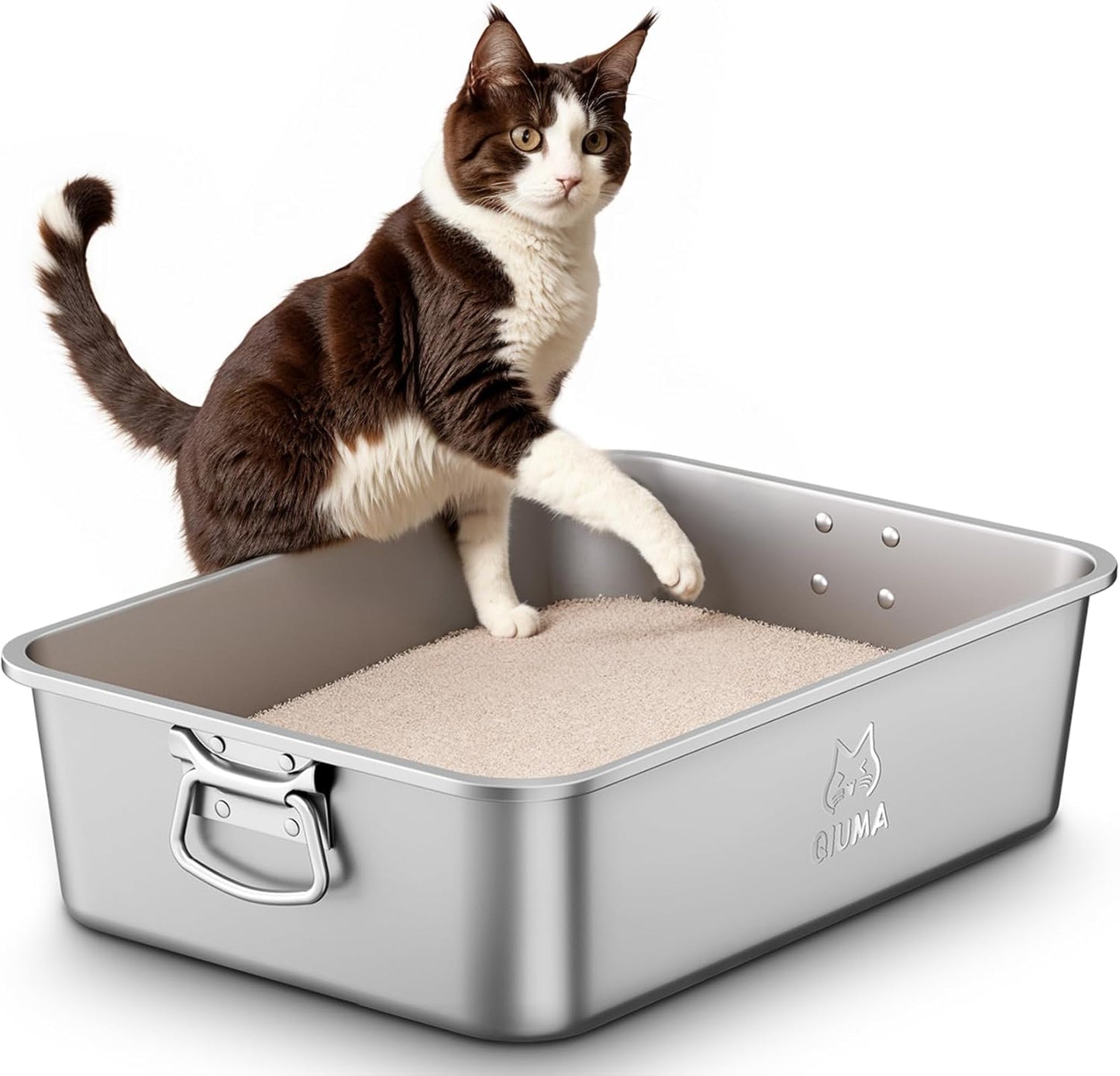 Spacious Stainless Steel Litter Box with High Sides for Cats