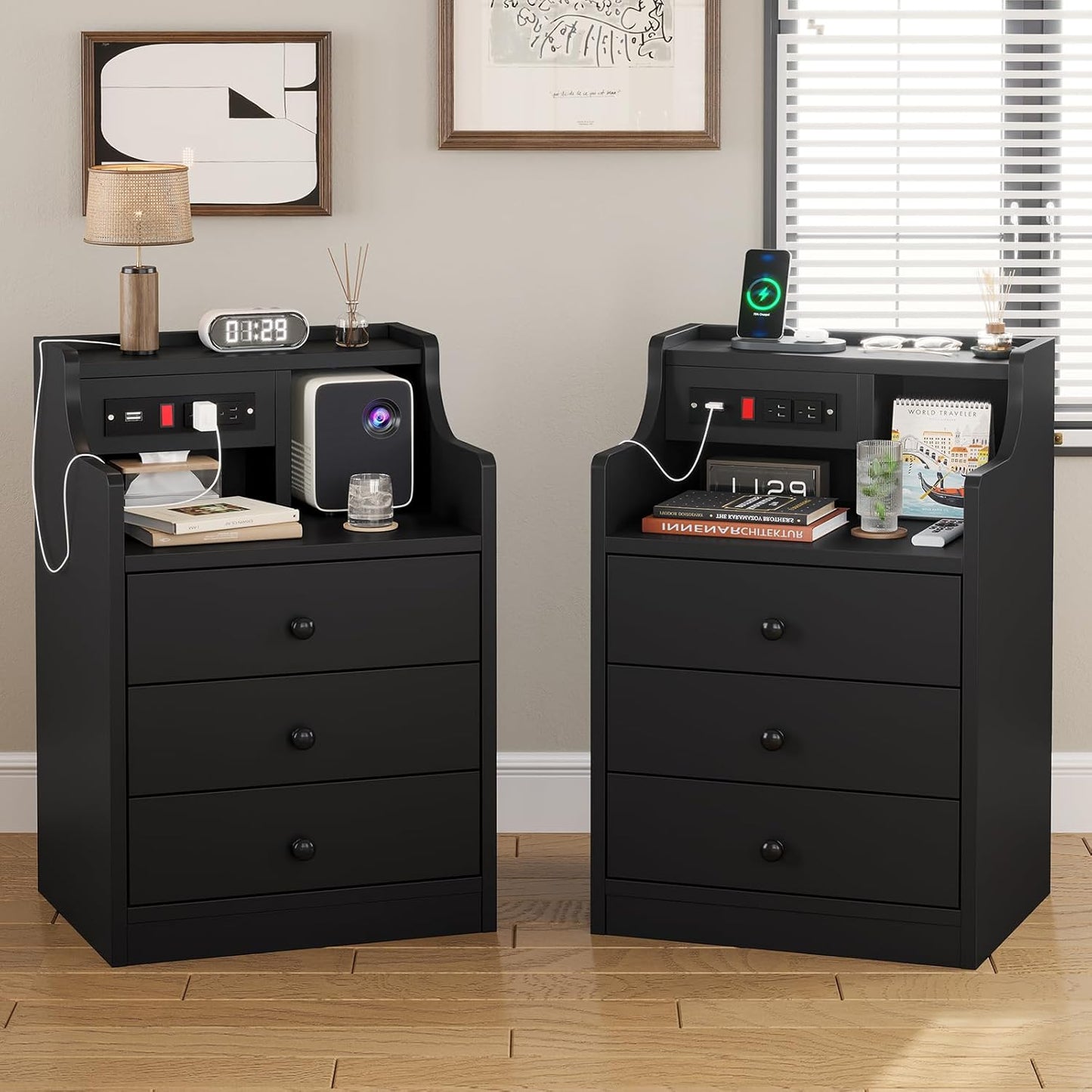 ADORNEVE Night Stand Set 2 with Charging Station and Hutch
