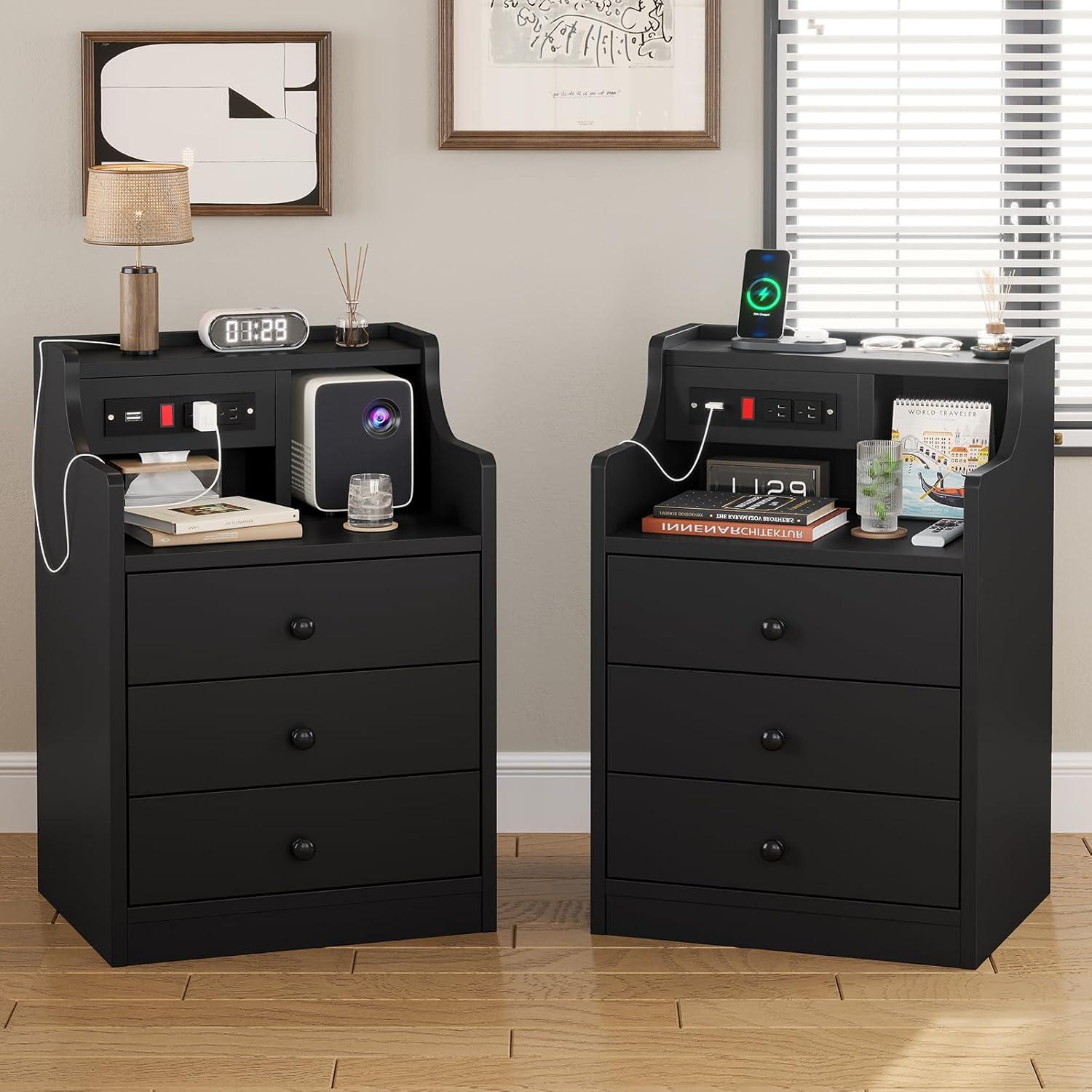 ADORNEVE Night Stand Set 2 with Charging Station and Hutch