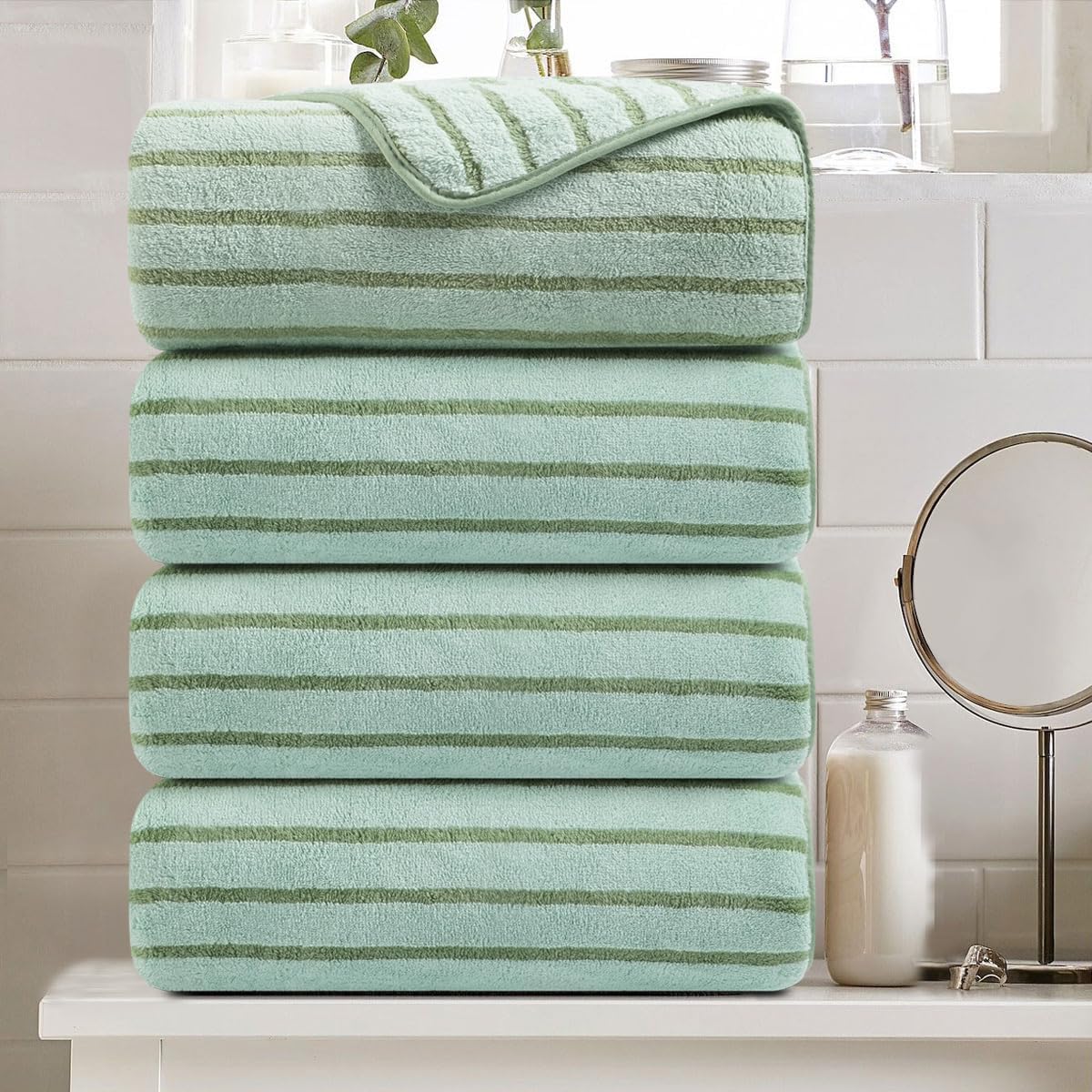 Oliven 4 Piece Green Cabana Stripe Bath Towels Set for Home