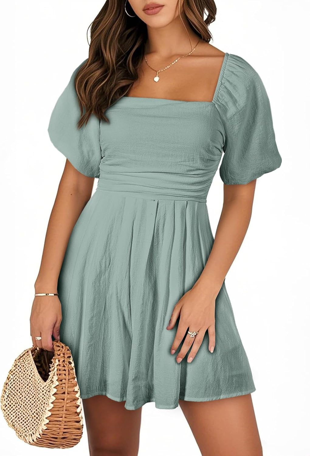 AlvaQ Womens Summer Cute Puff Sleeve Elastic Square Neck Romper