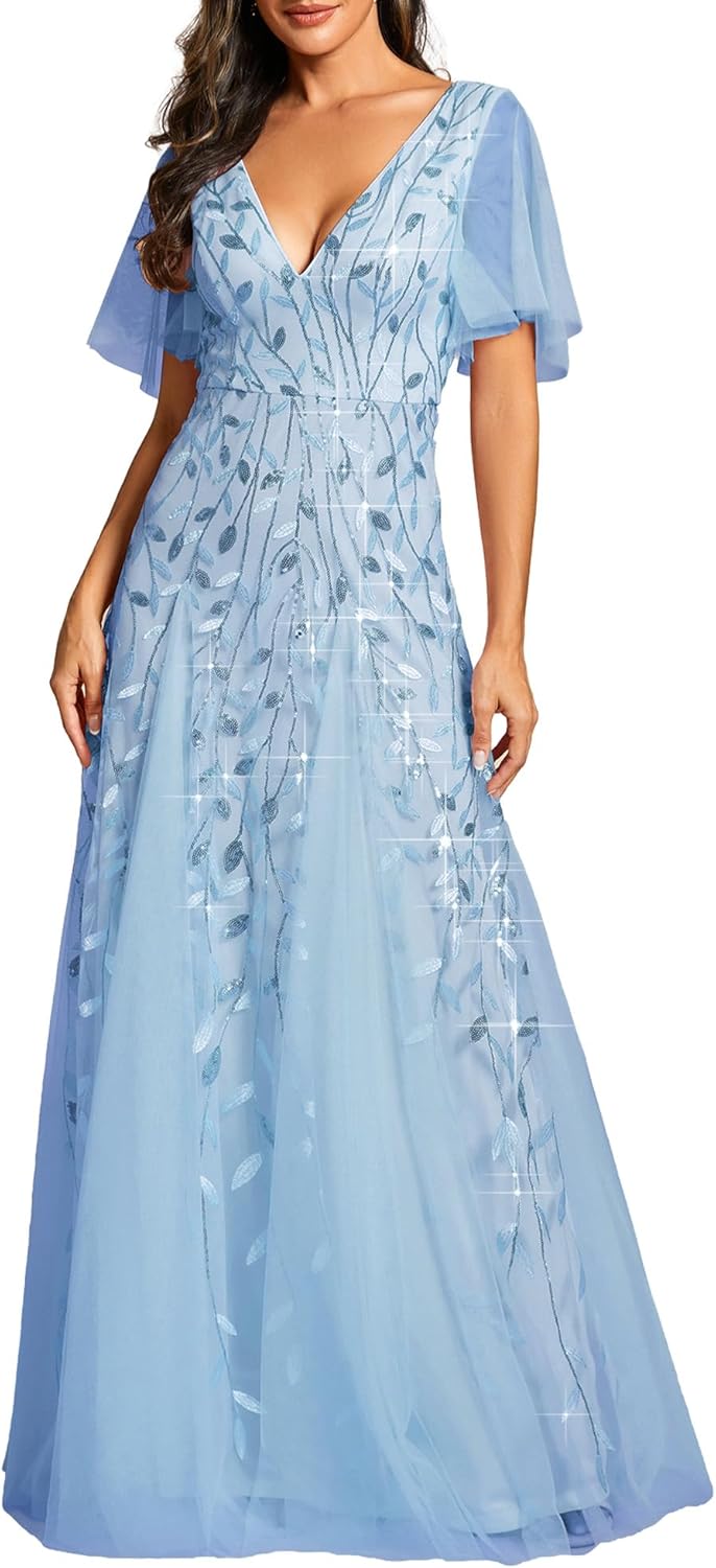 Elegant Sequin Sparkly V-Neck A-Line Evening Dress for Women