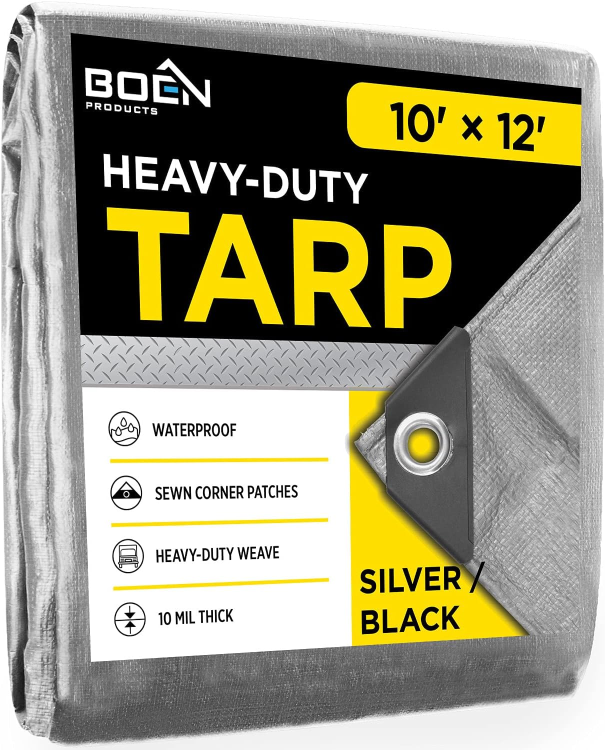 Boen Heavy Duty Waterproof Tarp (10' x 12') - 10 Mil Thick Multi-Purpose Cover