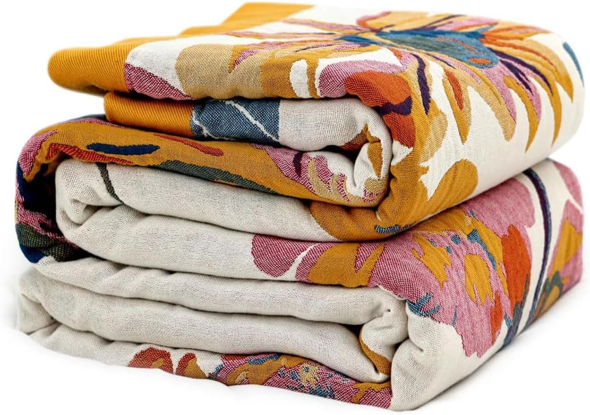 Boho Throw Blanket - 100% Cotton Soft Reversible Quilt for All Seasons