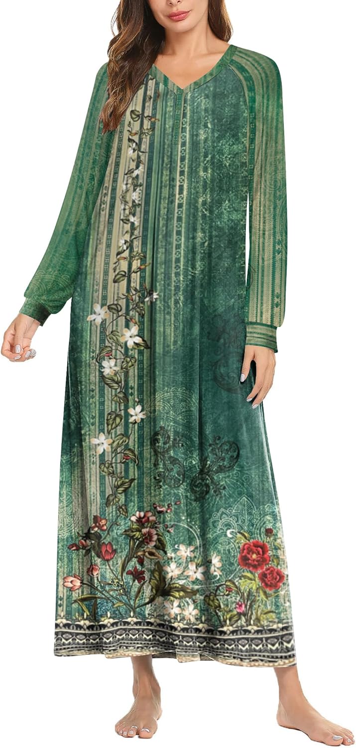 Ekouaer Nightgown Long Sleeve V Neck Loungewear for Women