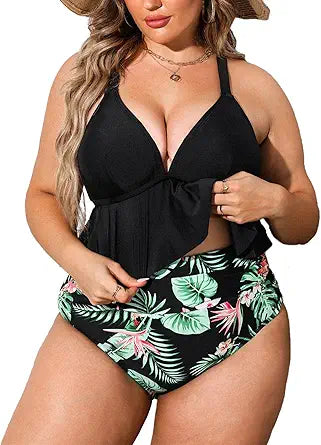 CUPSHE Plus Size Bikini Set with Ruffle Hem and Floral Design